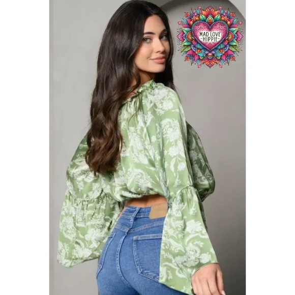 Peach Love California Tops - Peach Love Sage Green Satin Large Floral Print Off Shoulder Bubble Top